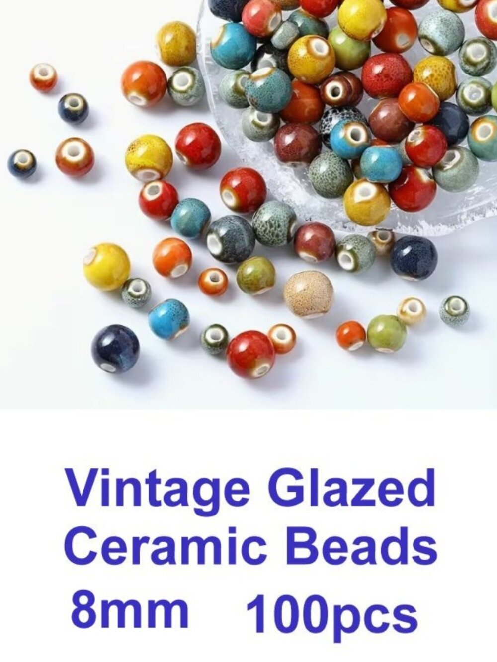 Vintage Glazed  Ceramic Beads   100pcs  8mm